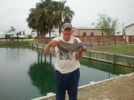 A guest holding a catfish beside the stocked pond at Beacon 44
