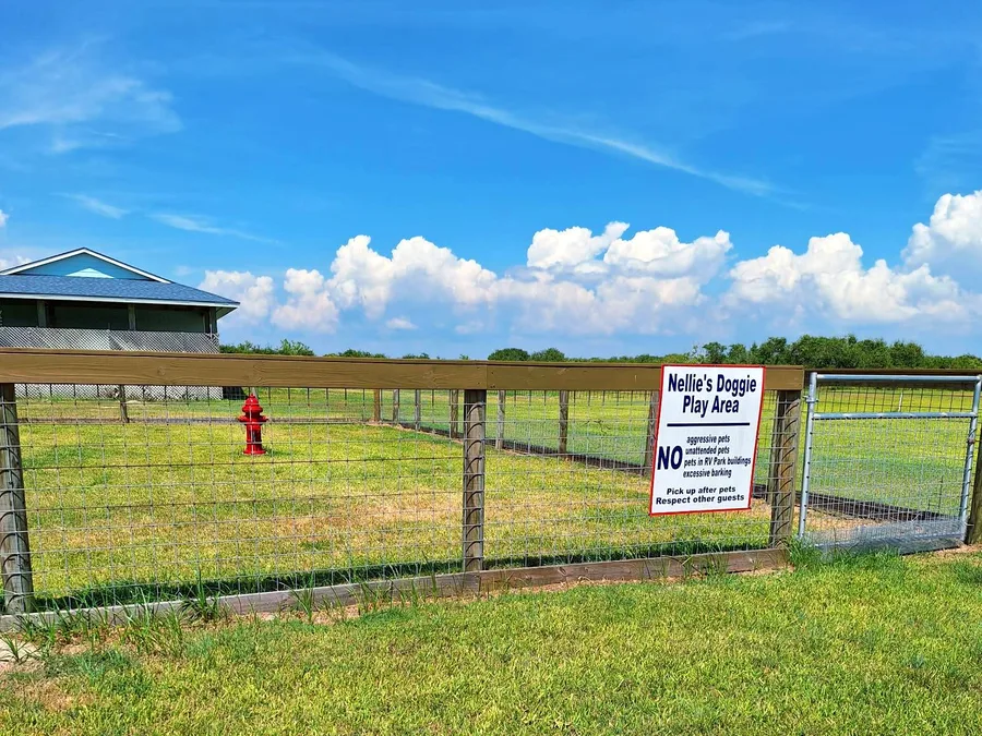 The fenced Nellie's Doggie Play Area under a bright blue sky, with a red fire hydrant in the grass