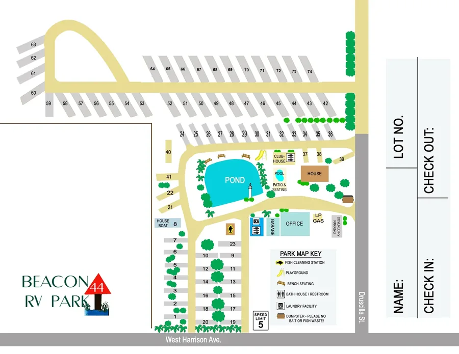 Beacon 44 RV Park site map showing numbered sites laid out around the pond, clubhouse, office, and bath house, with the entrance on West Harrison Avenue
